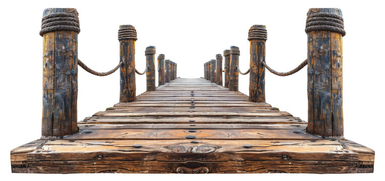 Fototapeta Wooden pier with rope railings, cut out - stock png.