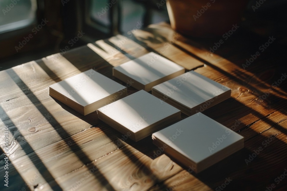 Poster four square white boxes on a wooden table. perfect for product display