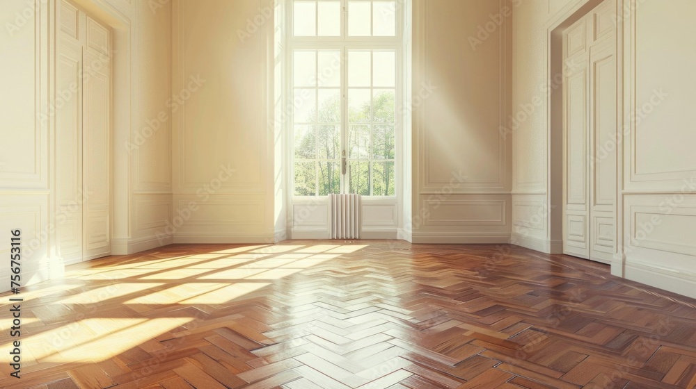 Poster A minimalist empty room with wood floors and a large window. Suitable for interior design concepts