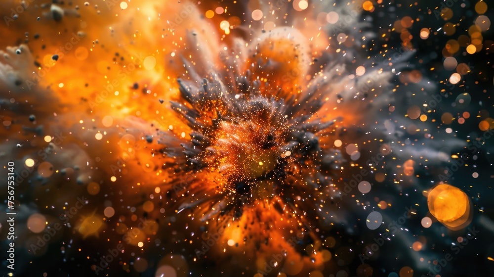 Poster close-up of a fiery explosion with billowing smoke. perfect for illustrating danger and destruction