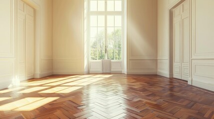 A minimalist empty room with wood floors and a large window. Suitable for interior design concepts