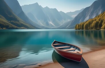 Wooden boat on a lake against a background of mountains and forest. Travel photos. - obrazy, fototapety, plakaty