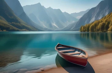 Foto op Canvas Wooden boat on a lake against a background of mountains and forest. Travel photos. © Ana River
