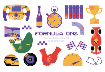 Formula 1 set. Tire, car, helmet, f1 simulator, wheel, lights out. Speed racing tournament. Formula One championship. Motorsport concept. Vector modern Illustration isolated on background
