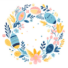 Fototapeta na wymiar Easter Motifs: a wreath with Easter Colored eggs and flowers