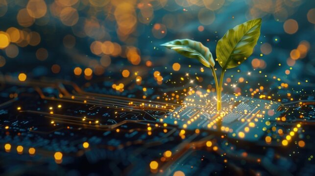 A plant growing out of a circuit board, suitable for technology and nature concepts