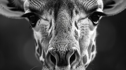 Detailed black and white close-up of a giraffe's face. Suitable for educational materials or nature-themed designs - obrazy, fototapety, plakaty