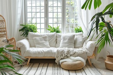 A living room filled with various plants and furniture, creating a lush and cozy atmosphere.