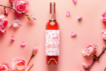 A bottle of wine in flowers, on a pink background in pastel colors with copy space, for wedding, anniversary, greeting card. Top view with a meta for text.
