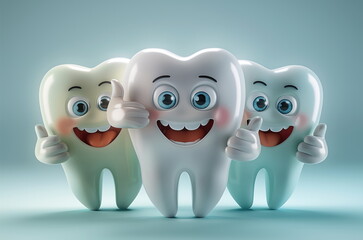 laughing teeth characters, dentistry promotion. three happy 3D teeth, soothing dental atmosphere. Cheerful teeth on a light background, symbol of a positive dental experience