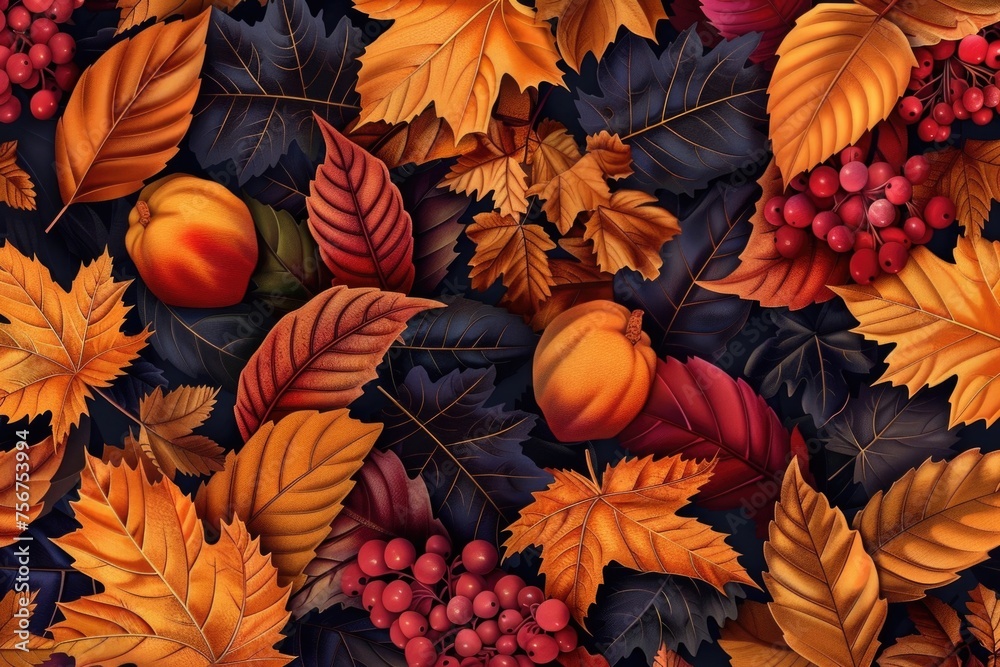 Poster a variety of different colored leaves and fruits. suitable for autumn and nature concepts