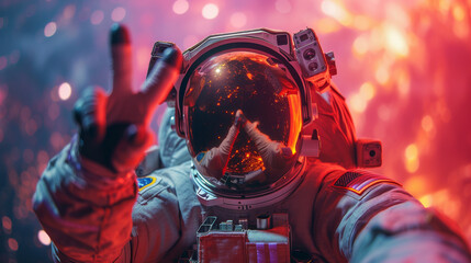 Space Explorer: Female Astronaut's Selfie with Earth Behind
 - obrazy, fototapety, plakaty