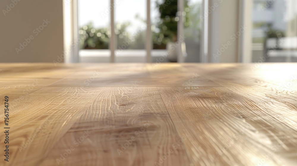 Poster Close up of a wooden table in a room. Suitable for interior design concepts