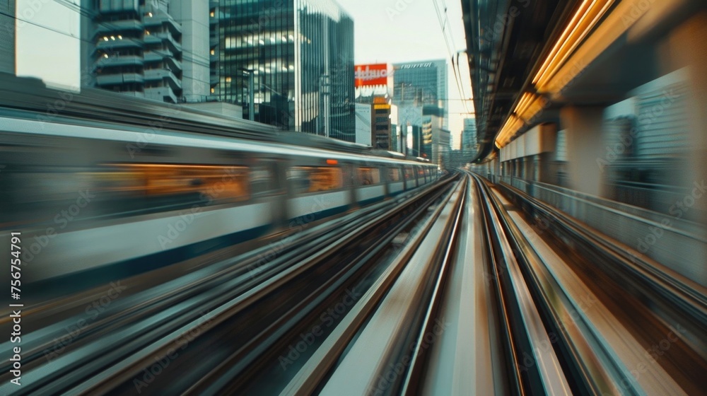 Poster a blurry image of a train moving down the tracks. suitable for transportation themes