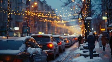 City street covered in snow with heavy traffic, suitable for winter themes