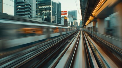 A blurry image of a train moving down the tracks. Suitable for transportation themes