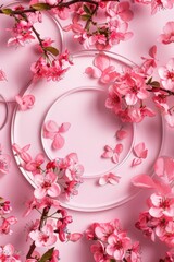 A pink background with pink flowers and white plates. Ideal for spring or feminine designs