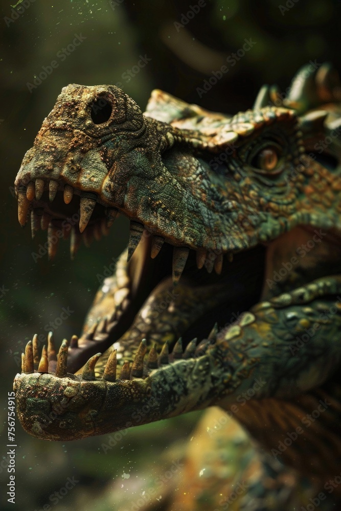 Poster close up of a dinosaur with its mouth open. suitable for educational materials or dinosaur-themed pr