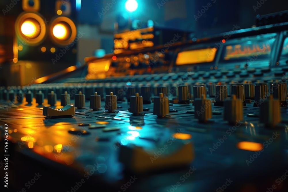 Poster close up of a sound board in a recording studio, perfect for music production projects