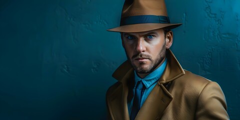 Promotional Image of a Male Detective in Fedora Hat and Trenchcoat. Concept Detective, Fedora Hat, Trenchcoat, Male Model, Promotional Image - obrazy, fototapety, plakaty