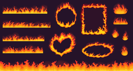 Cartoon fire seamless borders and frames in rectangle, circle, oval and heart shapes. Set of vector flame burning elements with heat wave