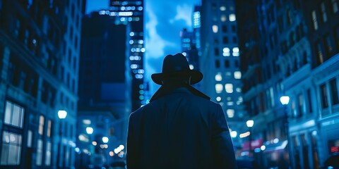 A mysterious man investigates the city at night evoking a crime thriller. Concept Crime Thriller, Night City, Mysterious Investigator, Intrigue, Suspense