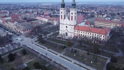 Drone flight above Sombor town, square and architecture, Vojvodina region of Serbia, Europe. 4k