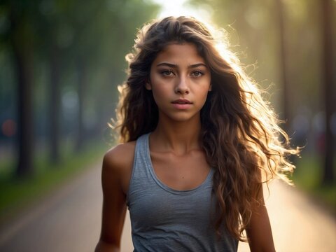 Jovem brasileira parda caminhando no parque IA Generativa