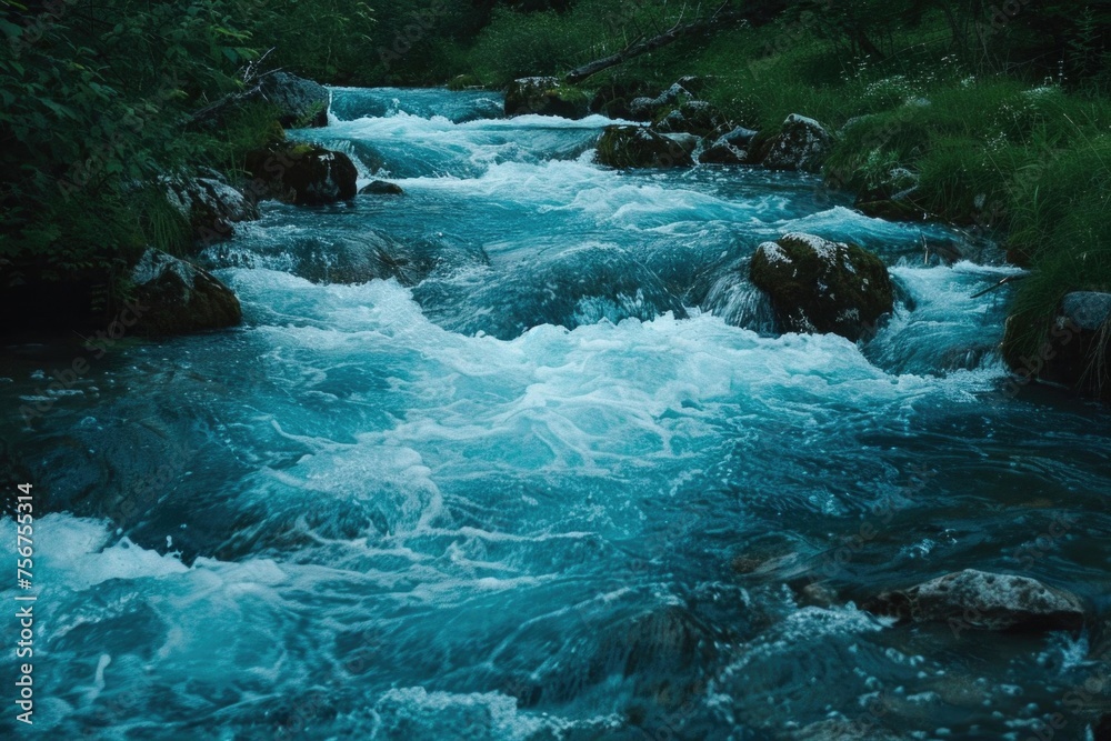 Poster a serene river flowing through a vibrant green forest. suitable for nature and travel concepts