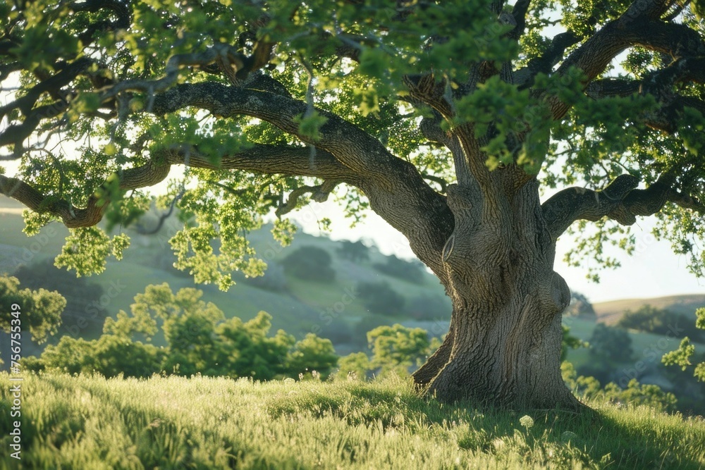 Poster a large oak tree standing in a grassy field. perfect for nature and landscape concepts