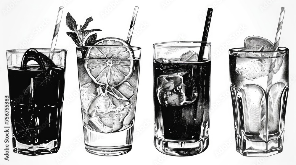 Poster illustration of four different types of beverages, suitable for various projects