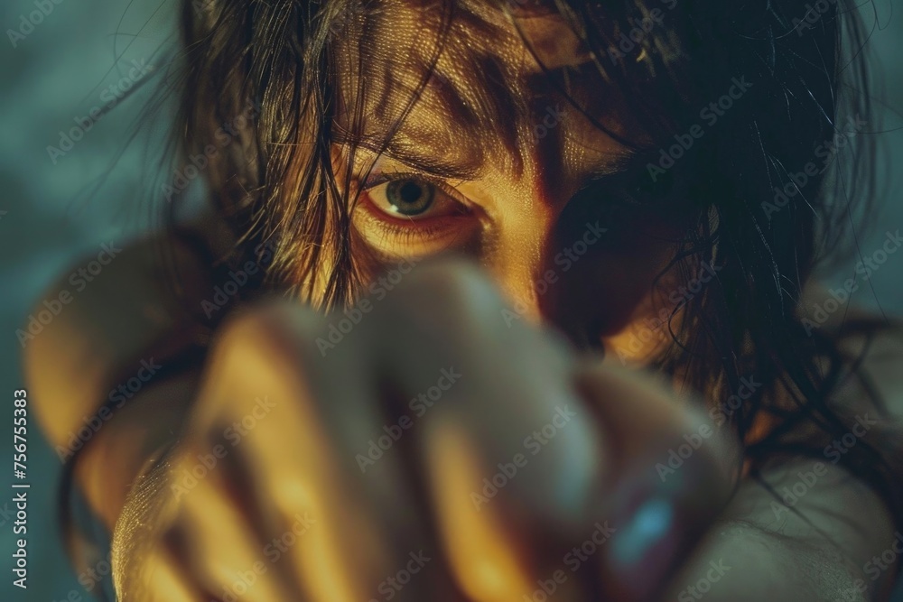 Poster Close up of a person pointing a finger at the camera. Suitable for various concepts and presentations
