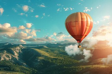 Hot air balloon over the field in blue sky with sunlights