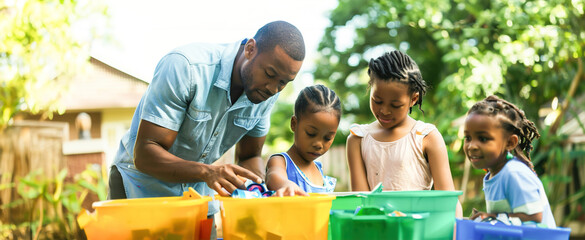 A family sorts recyclables into designated bins, showcasing eco-friendly habits at home while teaching children about sustainability and environmental responsibility.