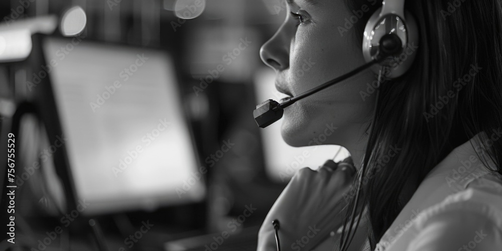 Fototapete a woman wearing a headset while working on a computer. perfect for illustrating remote work or custo
