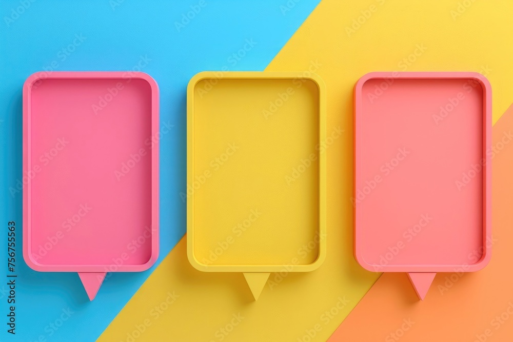Poster three empty trays on a colorful background. suitable for food and hospitality concepts
