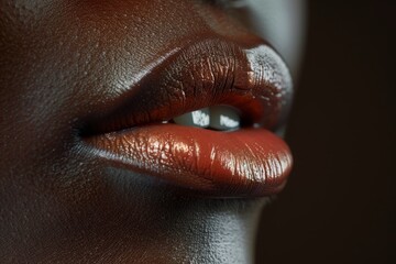 Close-up of beautiful female lips with red lipstick of an African American woman. Fashionable makeup