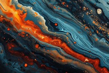 A painting of a blue and orange swirl with many dots and splatters