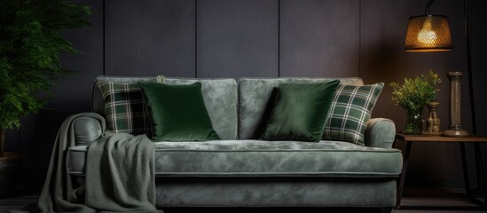 Gray velvet sofa and pillows in living room interior with green plaid and coffee table.