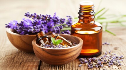 a bottle of lavender essential oil next to a bowl of lavenders and a bottle of essential oil on a wooden table.
