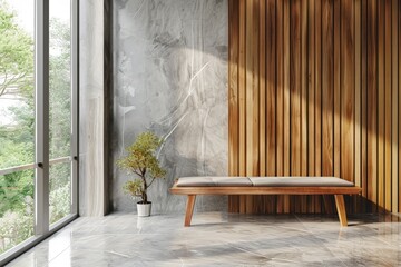 A wooden bench sits next to a window in a room.