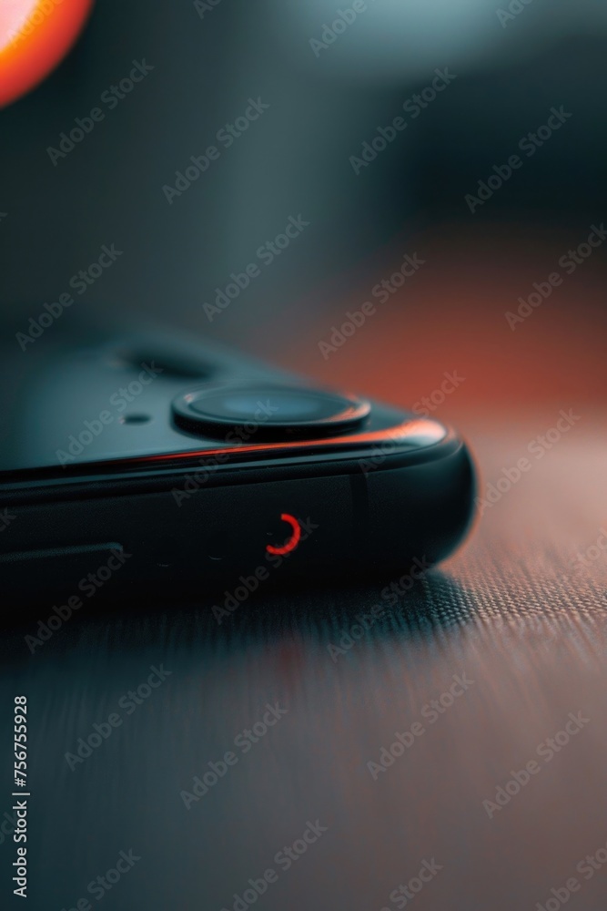 Poster a detailed shot of a cell phone on a table, suitable for technology concepts
