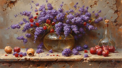 a painting of a vase filled with purple flowers next to a couple of vases filled with red and purple flowers.