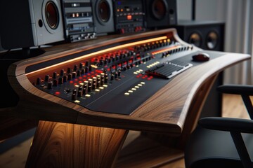 Professional recording desk with sound board and speakers. Ideal for music production projects