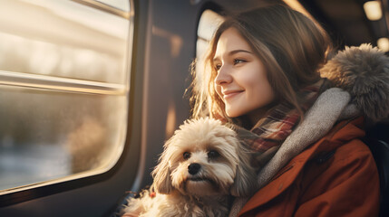 Smiling young woman with her fluffy dog looking out the window while traveling by train during golden hour