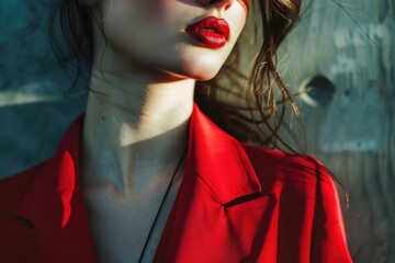Stylish woman wearing a red jacket and lipstick