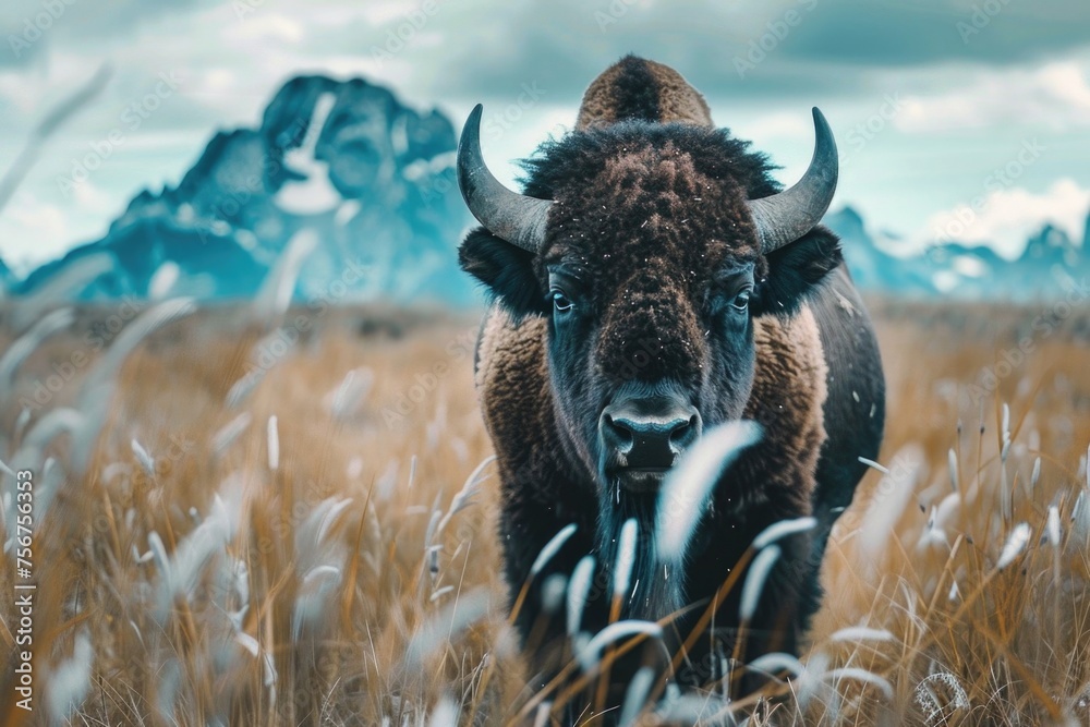Aufkleber a bison standing in a field with mountains in the background. perfect for nature and wildlife concep