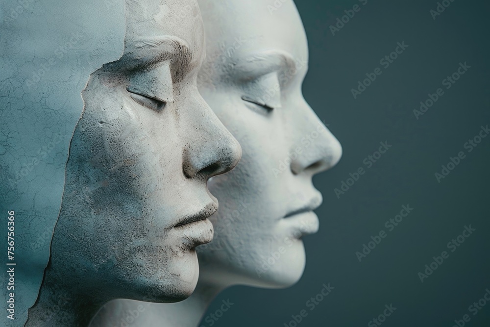 Poster detailed close-up of a statue of a woman's face. suitable for artistic projects