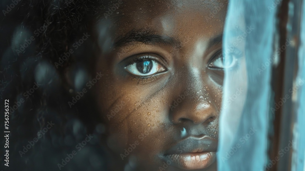 Poster A close up of a child looking out a window. Suitable for various concepts and projects