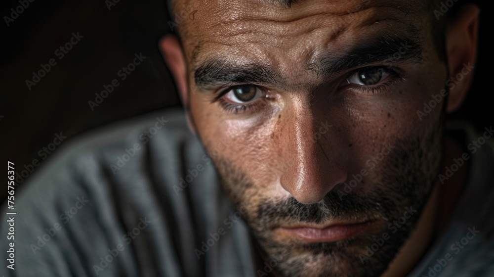 Poster A close-up shot of a man looking directly at the camera. Suitable for various concepts